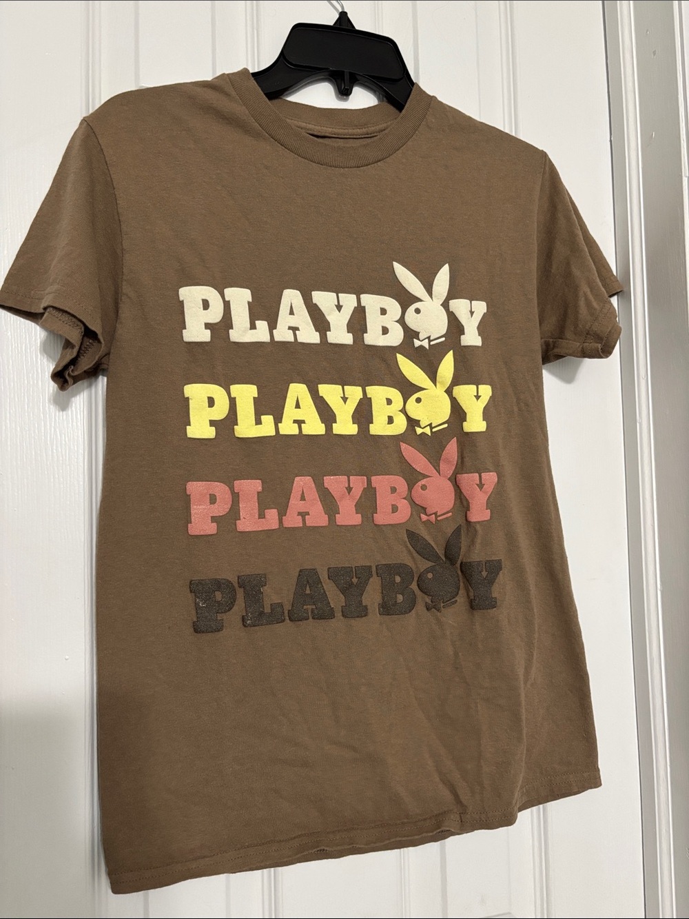 PLAYBOY Brown Tee with White, Yellow, Pink & Dark Brown Logos